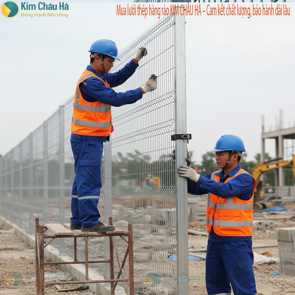 Đội ngũ kỹ thuật chuyên nghiệp của Kim Châu Hà đang thi công, lắp đặt hàng rào lưới thép tại một công trình