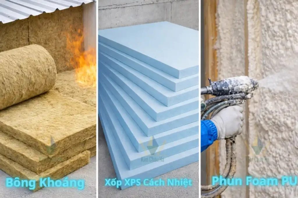 Các vật liệu cách nhiệt cách âm phổ biến gồm bông khoáng Rockwool, xốp XPS và phun foam PU dùng cho nhà ở và nhà xưởng