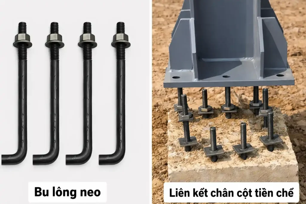 Bu lông móng, bu lông neo M16 liên kết chân cột thép tiền chế tại Đà Nẵng