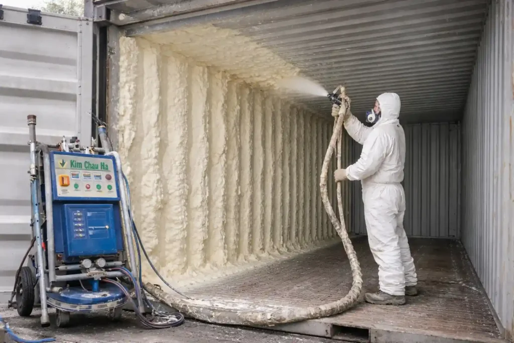 phun foam cách nhiệt container bằng pu foam giúp giữ nhiệt và chống nóng hiệu quả