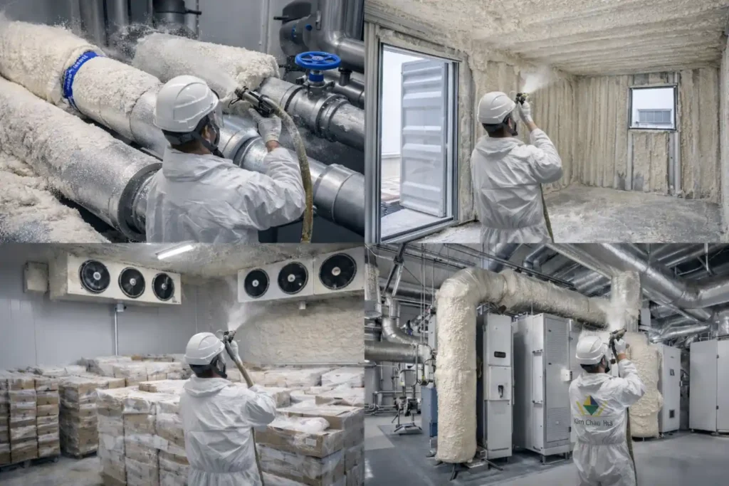 Ứng dụng phun PU Foam trong bảo ôn công nghiệp, nhà ở container, tủ đông và hệ thống HVAC