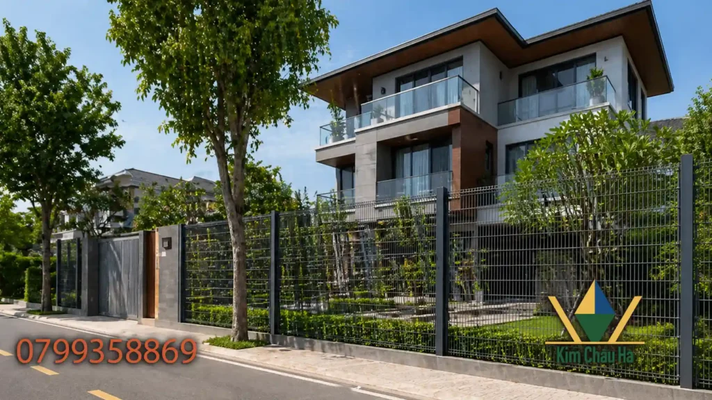 Lưới thép hàng rào khu dân cư tại Quy Nhơn lắp đặt cho biệt thự, phía trước đường 7.5m, thiết kế hiện đại và thông thoáng
