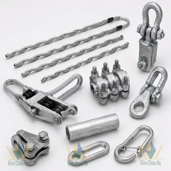 Phụ kiện đường dây cao thế gồm giáp níu, khóa néo, kẹp đấu rẽ và ống nối dây