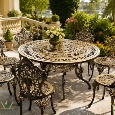 Mẫu bàn ghế nhôm đúc ngoài trời mang phong cách cổ điển châu Âu, tạo điểm nhấn sang trọng và đẳng cấp cho không gian sân vườn.