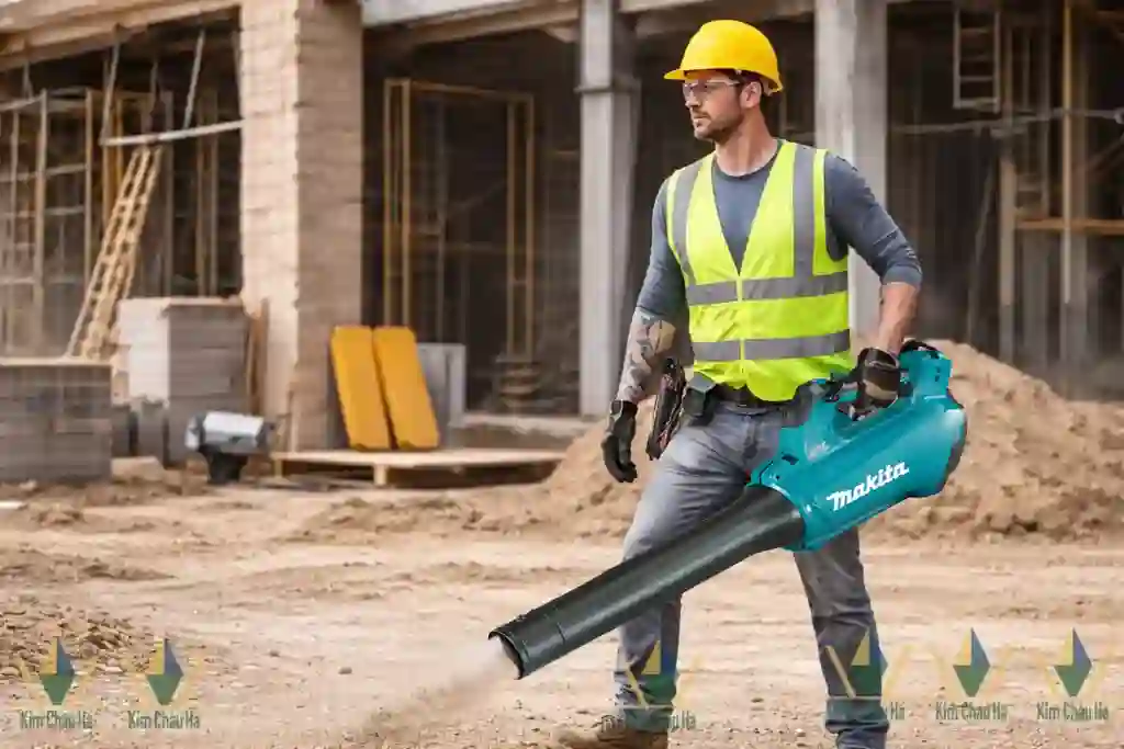 Công nhân đội mũ bảo hộ và mặc áo phản quang sử dụng máy thổi bụi pin Makita tại công trình xây dựng ở Đà Nẵng.