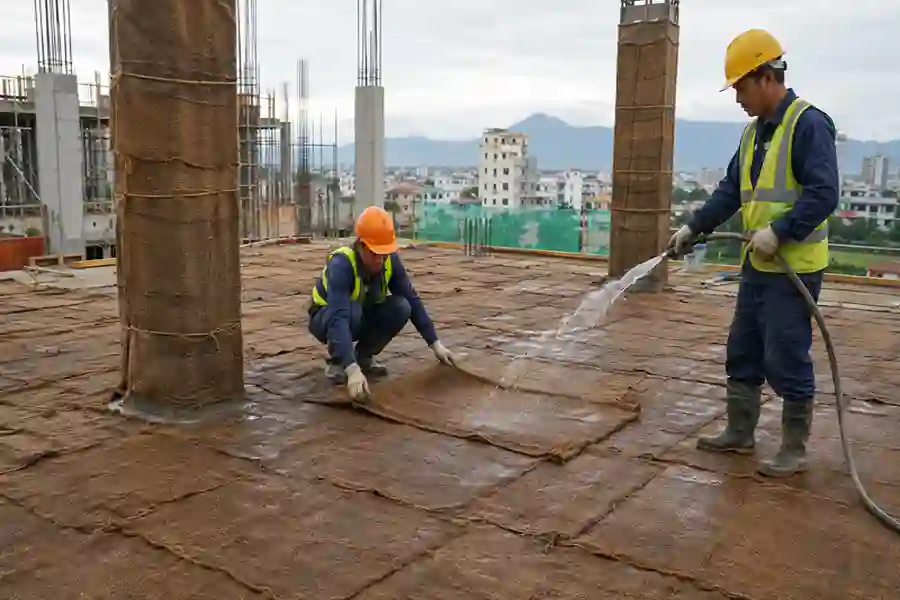Công nhân trải và tưới nước cho bao bố bảo dưỡng bê tông tại Đà Nẵng