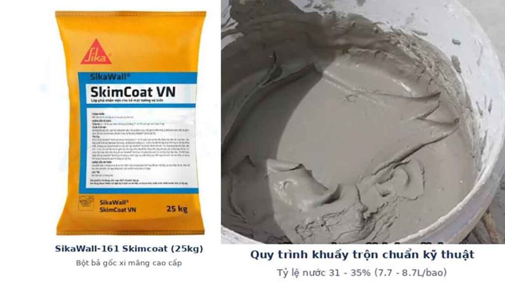 Thi công skim coat tại Đà Nẵng bằng bột bả SikaWall-161 chính hãng tạo bề mặt nhẵn mịn